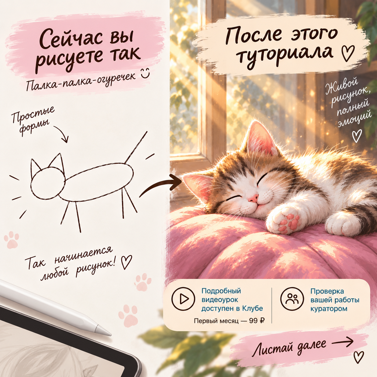 Солнечный котёнок на розовой подушке на экране планшета